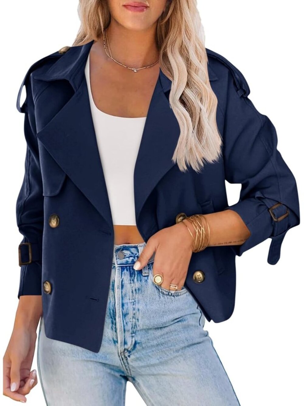 Women's Navy Blue Cropped Raglan Sleeve Lapel Collar Double Breasted Trench Coat